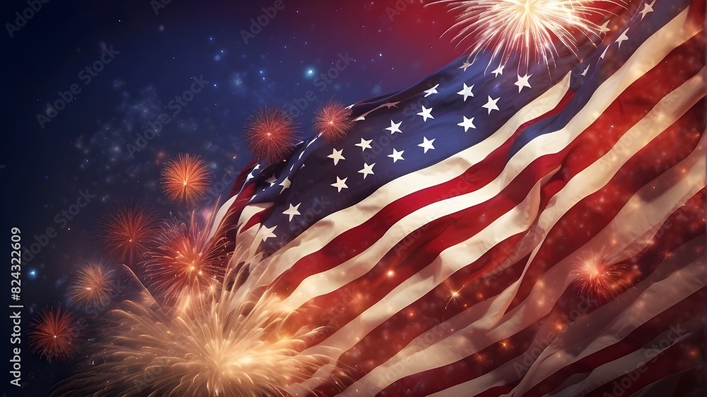 Concept illustration of a moving American flag honoring the Fourth of July, the nation's independence day, featuring fireworks, color splashes, explosions, and vibrant colors