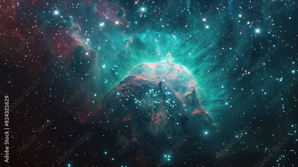 An ethereal view of a cosmic nebula cloud glowing in brilliant teal and pink hues, surrounded by a starry night sky filled with distant galaxies. An ethereal view of a cosmic nebula cloud glowing in brilliant teal and pink hues, surrounded by a starry night sky filled with distant galaxies.