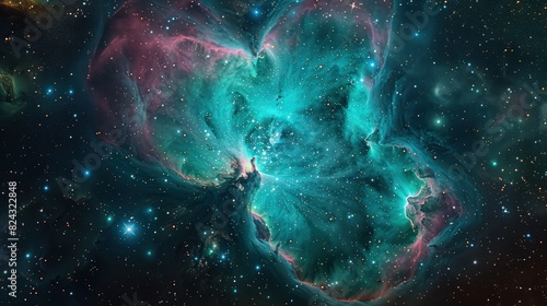 An ethereal view of a cosmic nebula cloud glowing in brilliant teal and pink hues, surrounded by a starry night sky filled with distant galaxies.