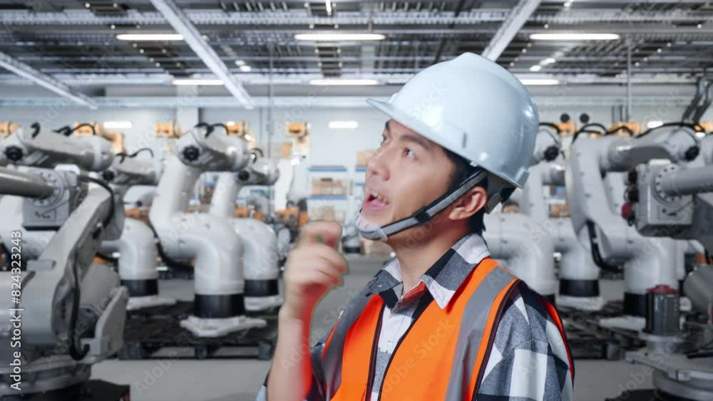 Close Up Side View Of Asian Male Engineer With Safety Helmet Thinking And Looking Around Then Raising His Index Finger While Standing With Robotic ArmsArm Close Up Side View Of Asian Male Engineer With Safety Helmet Thinking And Looking Around Then Raising His Index Finger While Standing With Robotic ArmsArm