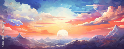 Low poly artwork, A mesmerizing sunset over majestic mountains, showcasing brilliant colors in the sky and dramatic cloud formations. © Nichapat