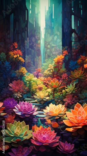 Low poly artwork, A lush, magical dense forest with blooming succulent in various hues under mystical light.