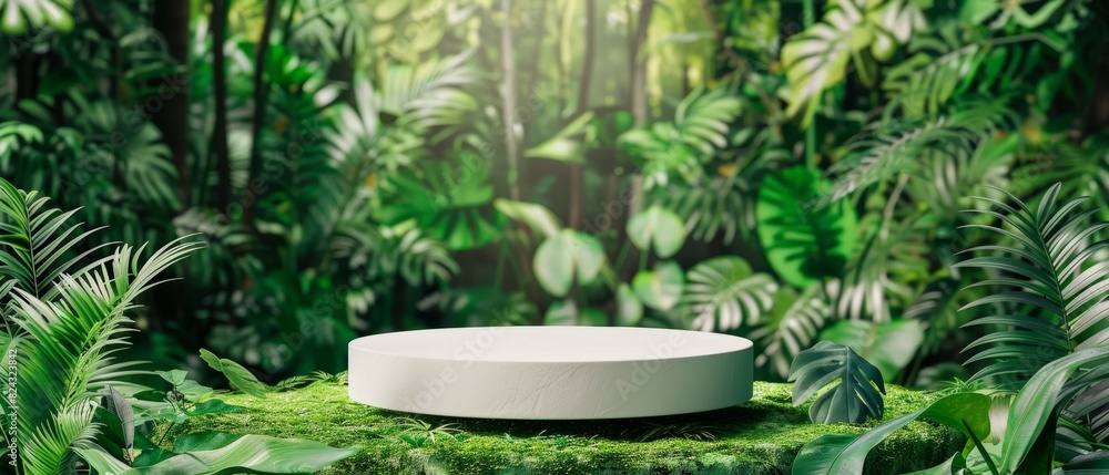 Forest product display, White podium in nature, Green background, Jungle beauty stand, Nature presentation Forest product display, White podium in nature, Green background, Jungle beauty stand, Nature presentation