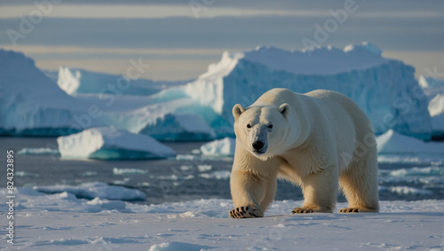 large polar bear is standing on an ice floe in the Arctic