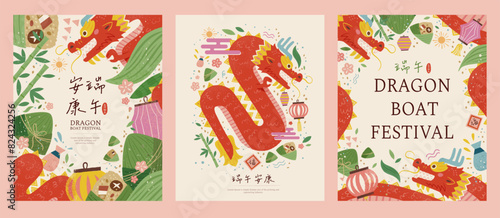 Cute Duanwu templates isolated on peach background. Text: Healthy Duanwu. Fortune. Dragon Boat Festival.