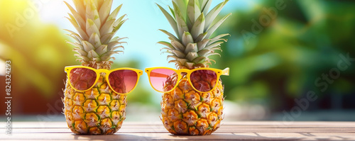 A pineapple wearing sunglasses on a tropical beach