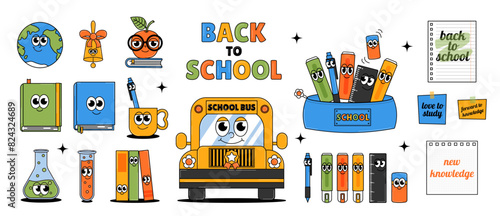 Back to school retro contemporary set. Funky groovy elements and characters. Funny earth planet, school bus, pencil case, stationery and other. Vector illustration