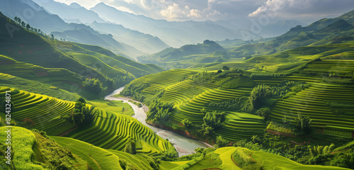 Countryside panorama with terraced fields of green crops leading down to a crystal-clear river winding through the valley. © Urban