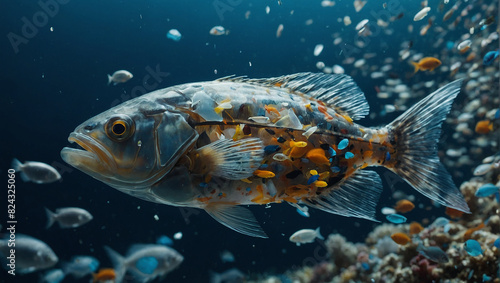 large fish with yellow and orange fins is swimming in a deep blue sea