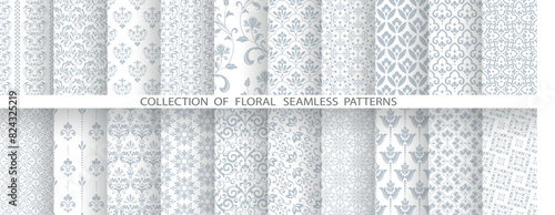 Geometric floral set of seamless patterns. White and gray vector backgrounds. Damask graphic ornaments