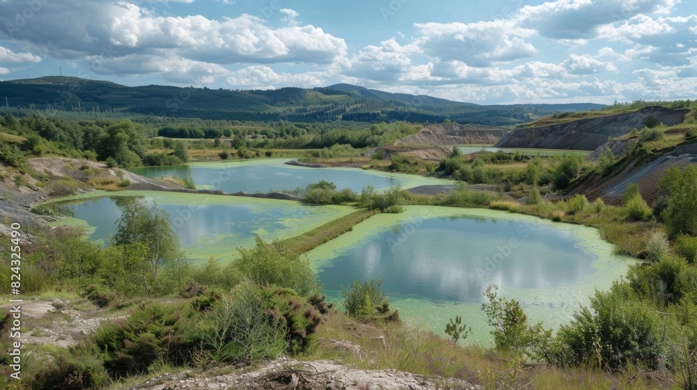 A vista of grim manmade ponds filled with the remnants of burnt coal tinged with a sickly green hue.