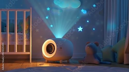 A 3D render of a baby sound and light projector photo