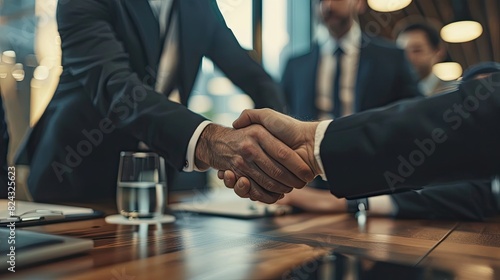 A man negotiating a business deal with a handshake in a corporate boardroom   photo