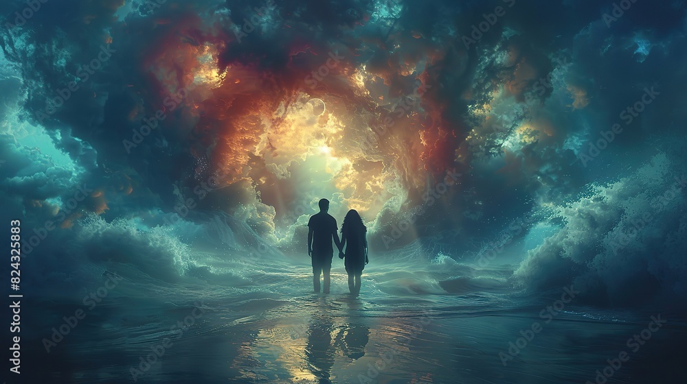 A love that finds strength in unity, portrayed by two figures standing hand-in-hand amidst a storm, symbolizing the support, resilience stock image