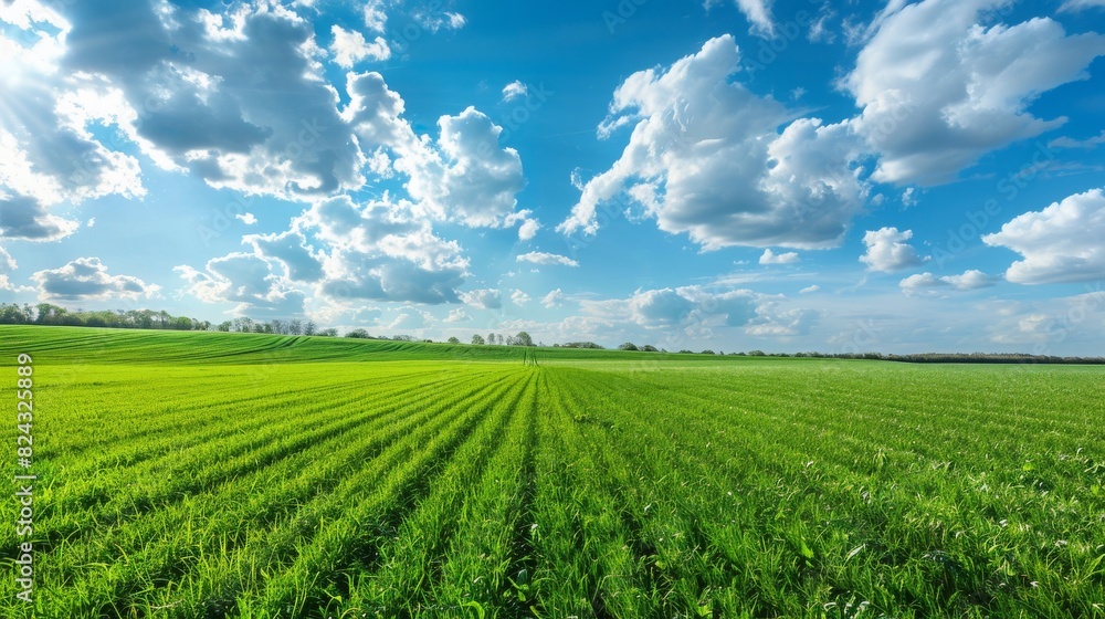 Beautiful Green Grass Landscape Blue Sky White Clouds Farmland Expansive View Nature Background