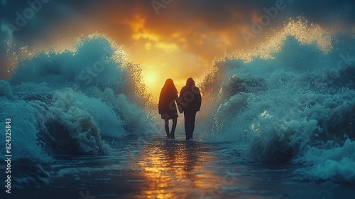 A love that finds strength in unity, portrayed by two figures standing hand-in-hand amidst a storm, symbolizing the support, resilience, and the power of love to overcome challenges together. image photo