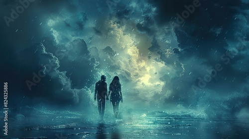 A love that finds strength in unity  portrayed by two figures standing hand-in-hand amidst a storm  symbolizing the support  resilience stock photo