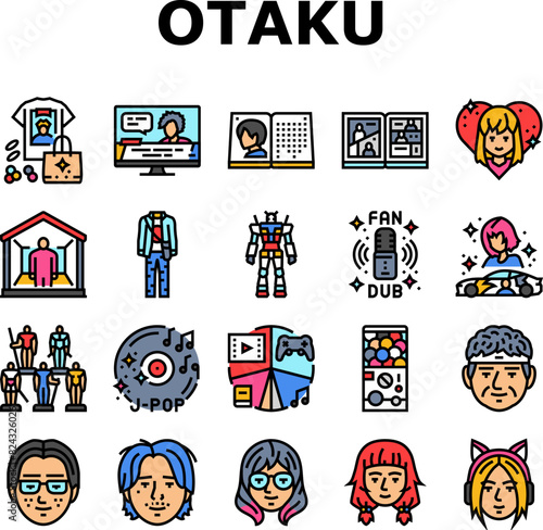 otaku anime manga eyes icons set vector. japanese, japan piece, one boy, asian concert, shirt cosplay, cheering cat, samurai otaku anime manga eyes color line illustrations