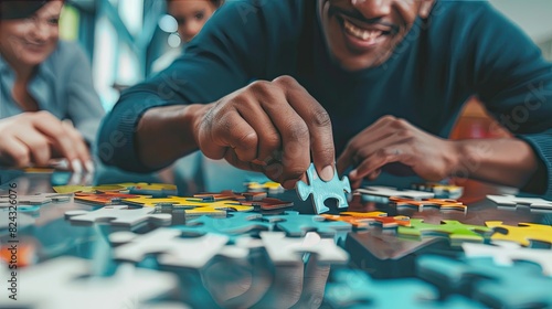A man participating in a team-building exercise and solving puzzles with coworkers   photo