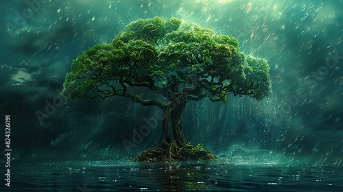 A love that endures through trials and tribulations, represented by a tree with deep roots weathering a storm, symbolizing the resilience, strength, image photo