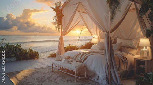 A romantic beachside glamping setup for two, featuring a tent with a luxurious bed and elegant decor, positioned for the best views of a spectacular seaside sunset.
