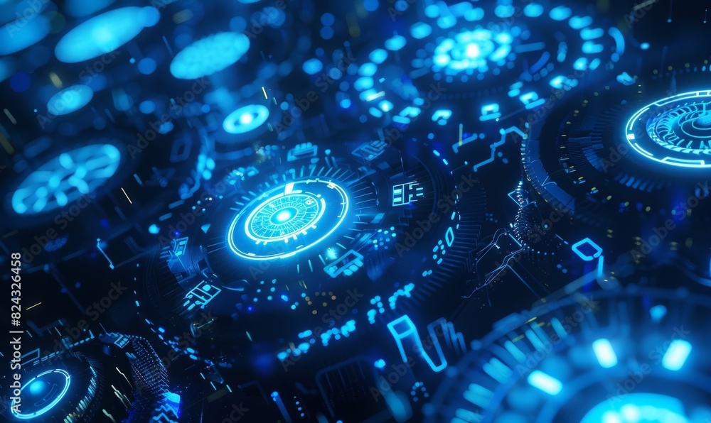 Futuristic Concept with Digital Cogs and Gears in Blue Neon Futuristic Concept with Digital Cogs and Gears in Blue Neon