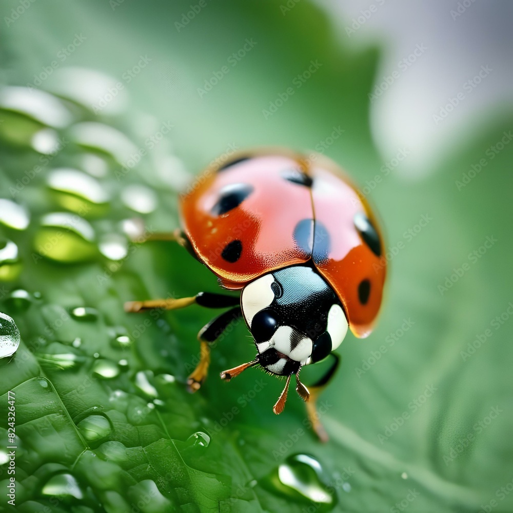 Naklejka premium Close up of a ladybug on a green leaf, with dewdrops1