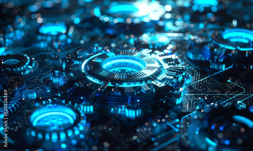 Futuristic Concept with Digital Cogs and Gears in Blue Neon Futuristic Concept with Digital Cogs and Gears in Blue Neon