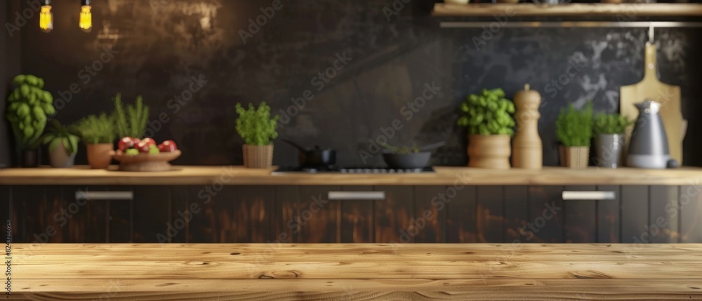 Kitchen podium with rustic wooden platform, food display, culinary setting, modern kitchen, cozy atmosphere, warm lighting Kitchen podium with rustic wooden platform, food display, culinary setting, modern kitchen, cozy atmosphere, warm lighting