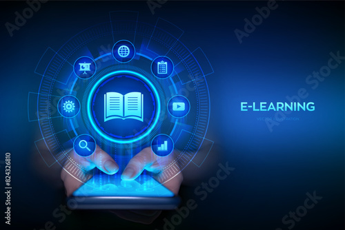 E-learning. Innovative online education and internet technology concept. Webinar, teaching, online training courses. Skill development. Smartphone in hands. Using smartphone. Vector illustration.