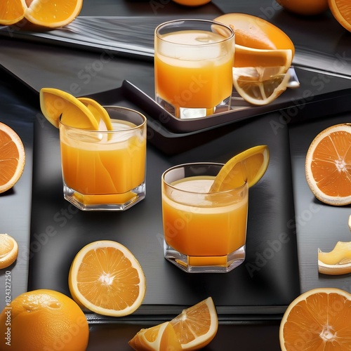 Glass of fresh orange juice with orange slices and ice cubes1 photo