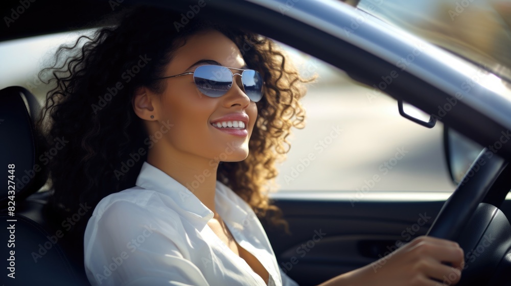 Road-ready charm: an handsome woman behind the wheel of car - showcasing the allure and capability of a woman in control of her vehicle, radiating confidence and chic on the highway.