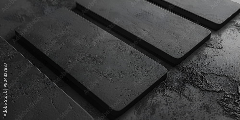 Close up of black brick walls created using technology. Top view of several black business cards on a gray surface. 
