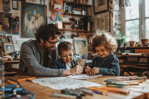 A man is drawing with his two children photo