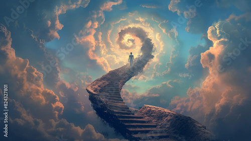 Spiral staircase that is made of stone, leading to the sky where there's a cloud shaped like an infinity symbol photo