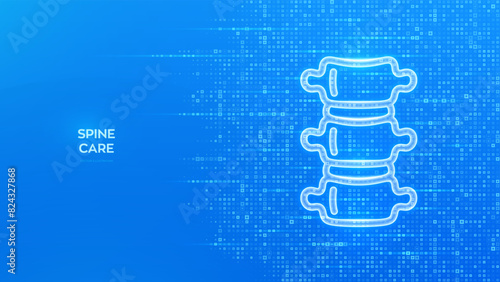Spine icon. Spine health. Back pain spine treatment, Physiotherapy, Diagnostics concept. Blue medical background made with cross shape symbol. Vector illustration.