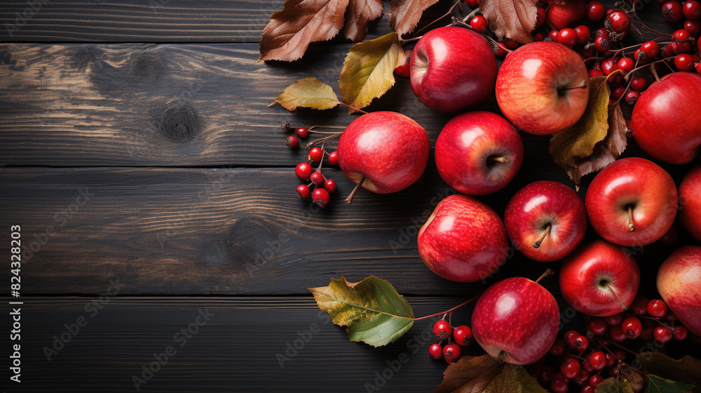 Rustic Fall Background With Red Leaves and Fresh Apples on Blurry Background Rustic Fall Background With Red Leaves and Fresh Apples on Blurry Background