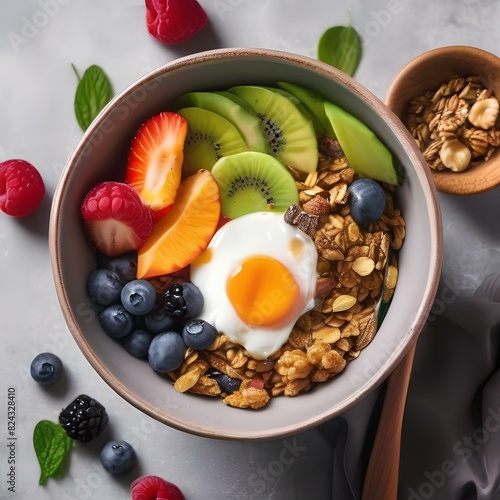 Overhead shot of a healthy breakfast bowl with granola and fresh fruit4 photo