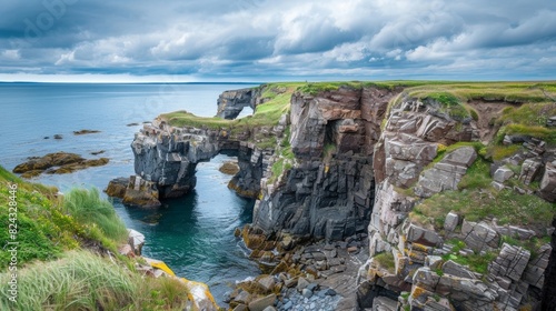 A rugged coastline dotted with natural rock archways carved by the powerful forces of nature. photo