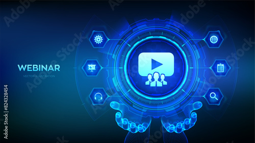 Webinar icon in wireframe hands. Internet conference. Web based seminar. Distance Learning. E-learning Training business technology Concept on virtual screen. Vector illustration.