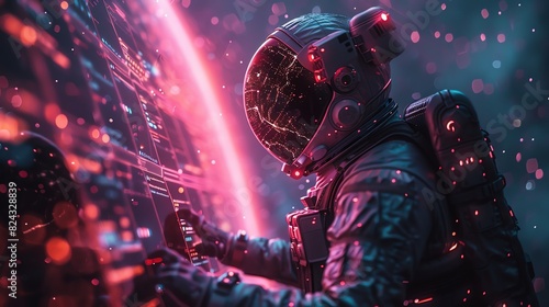 Retrofuturistic illustration of a military figure in a spacesuit, using a holographic interface to secure a network The background is a bright magenta, leaving ample room for text