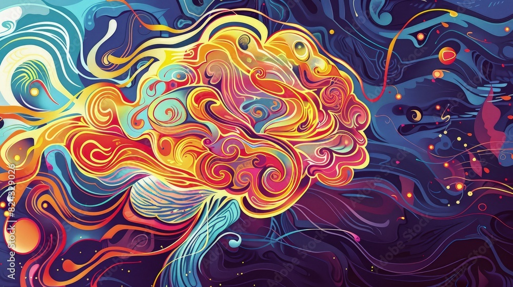 An imaginative idea illustration depicting a brain-like structure with swirling patterns and vibrant colors representing creativity and inspiration. An imaginative idea illustration depicting a brain-like structure with swirling patterns and vibrant colors representing creativity and inspiration.