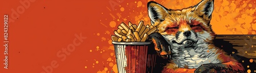 Retrostyle illustration of a fox reclining with a vintage bucket of fried chicken and French fries The background is an orange burst pattern, leaving plenty of room for copy photo