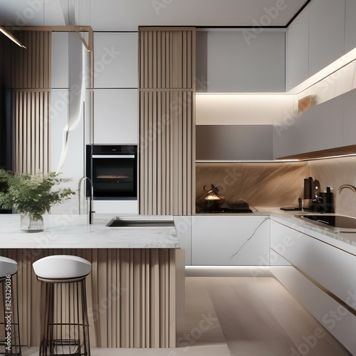 Modern kitchen with white cabinets and a marble island5 photo