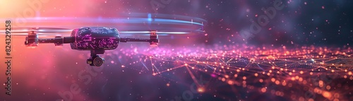 Surreal illustration of a military drone hovering over a network grid, emitting protective energy fields The background is a vibrant purple with abstract digital designs