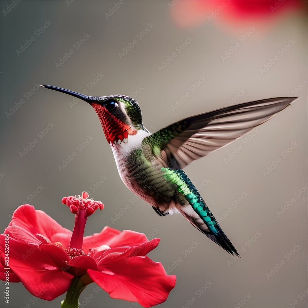 Fototapeta premium Close up of a hummingbird feeding from a red flower2