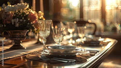 commercial photo, close-up, dining table setup, bottom view, soft light