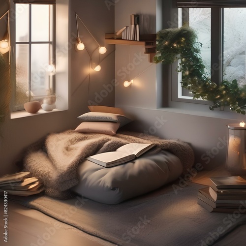 Overhead shot of a cozy reading nook with books and a blanket5