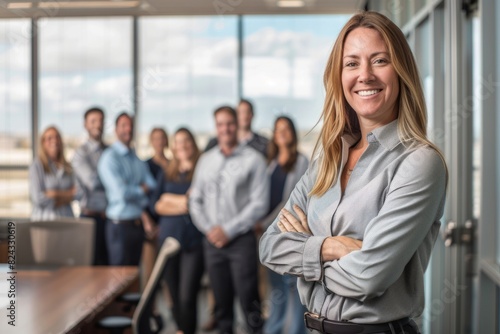 Young successful businesswoman at corporate office looking at camera. Office business portrait