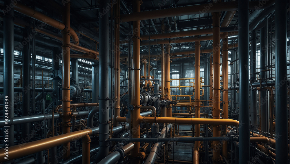 factory floor with large pipes and machinery. factory floor with large pipes and machinery.